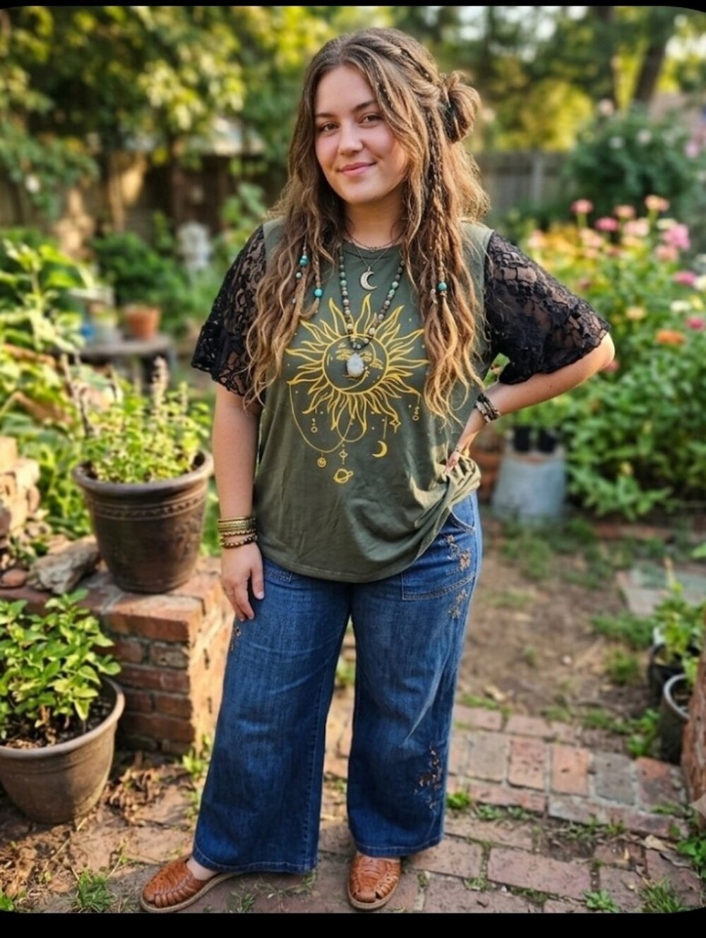 Boho T Shirt Lace Sleeves 1XL Olive Drab Sun/Moon Shein Curve